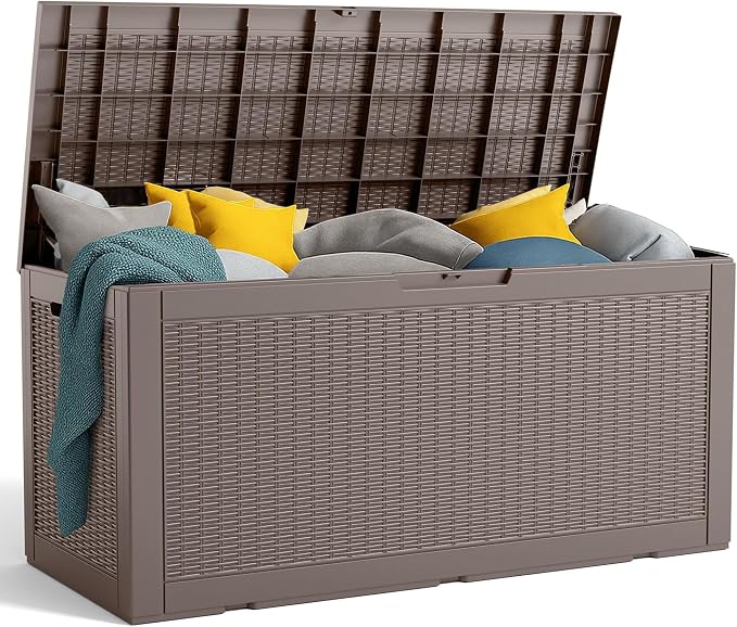 PatioZen 100 Gallon Outdoor Deck Box,Waterproof Resin Outdoor Storage Boxes, Outside Storage Lockable Container for Garden Tools,Indooor Cushions,Accessories (Grey)