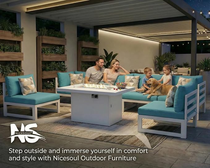 NICESOUL 12 People Large Luxury Aluminum Outdoor Sectional Sofa with Fire Pit & Side Table, L Shaped Modular Patio Furniture Set, 500 lbs Heavy Duty Conversation Couch for Poolside Lawn, Turquoise