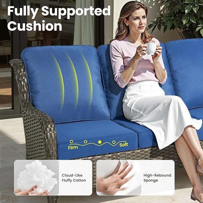 ovios 7 Pieces Patio Furniture Set with 42 inch Fire Pit Table, Outdoor Wicker Sofa Couch Swivel Rocking Glider Chairs, Modern Luxury Conversation Set, Brown Wicker, Navy Blue