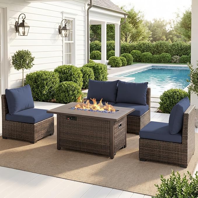 Patio Furniture Set with Fire Pit Table, Outdoor Sectional Rattan Sofa Set, Patio Set Seating Furniture with Thickened Cushions (Blue, 5 Pieces)