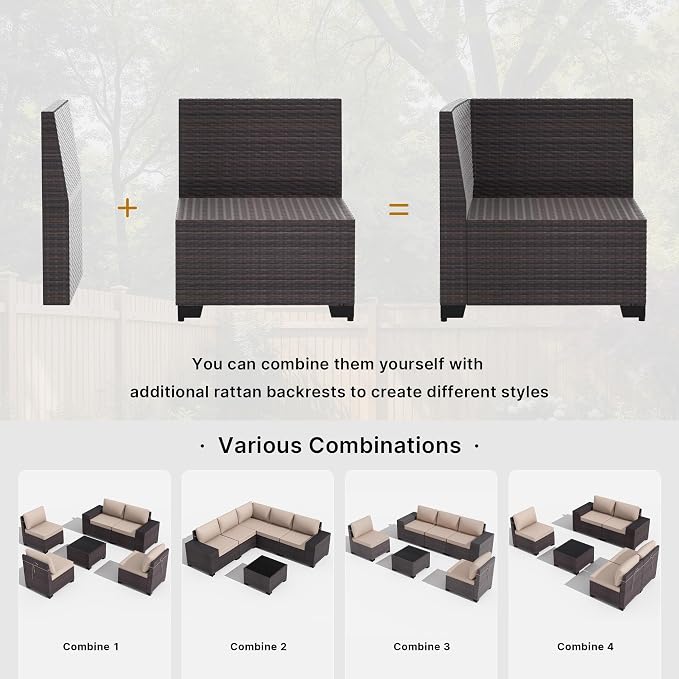 Gotland 9 Pieces Patio Furniture Set, 7-Seater Patio Furniture in 4 Combinations with Wide Armrests 29.5'' High Backrest, 2 Swivel Rocking Chairs 1 Coffee Table, for Deck Garden Pool Party Khaki