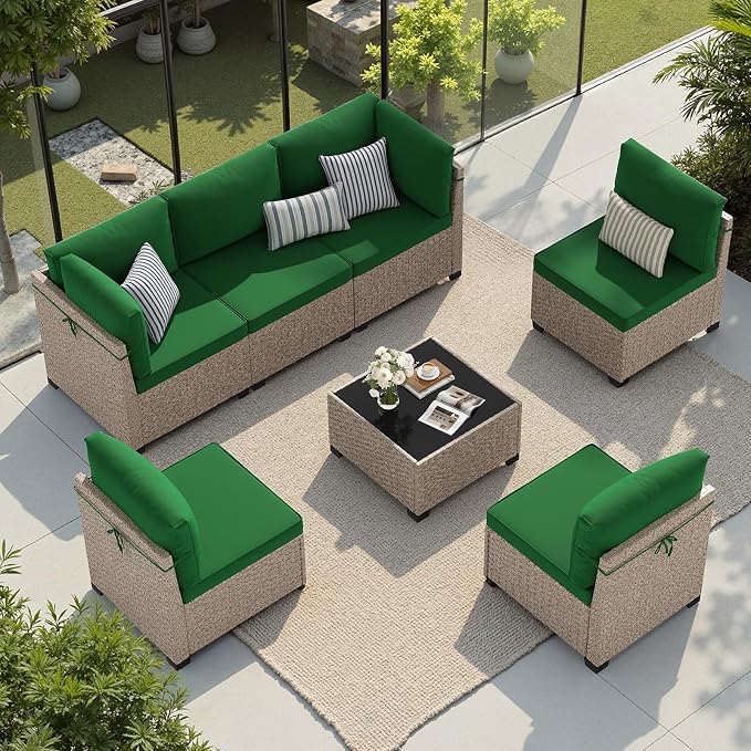 Soohow 7-Piece Patio Furniture Set, Outdoor Sectional All-Weather Wicker Patio Conversation Set for Garden, Porch, Backyard - Green Cushions