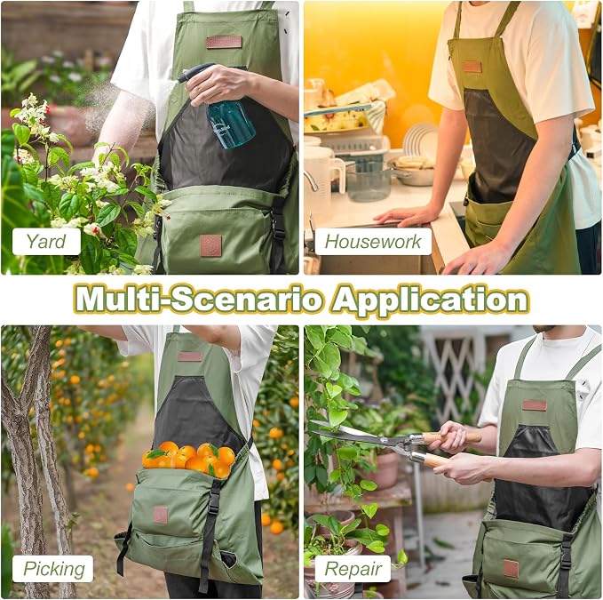 Berry&Bird Harvest Apron, Canvas Gardening Apron with Pockets and Harvesting Pouch Waterproof Harvesting Apron