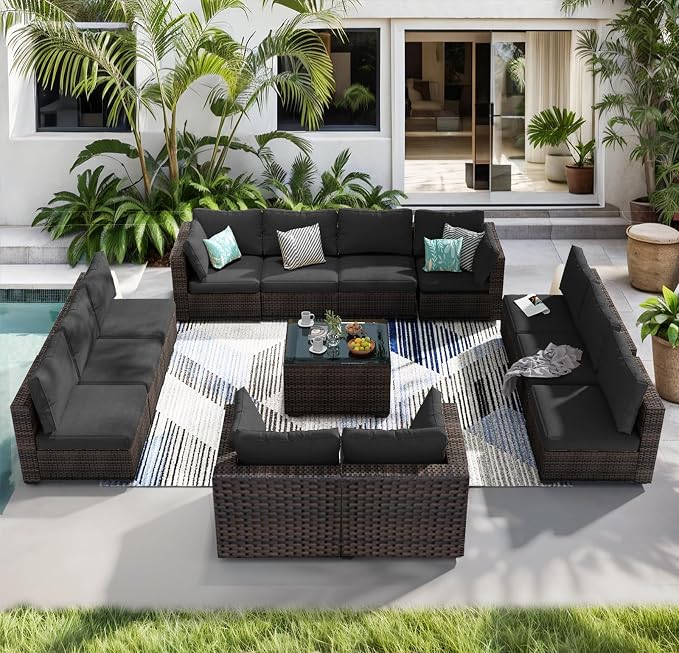 13 Piece Patio Furniture Set All Weather PE Rattan Outdoor Sectional Sofa Couch with No-Slip Cushions and Glass Top Table for Garden, Poolside, Backyard (Black)