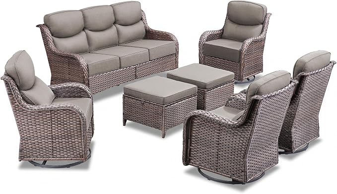 Luxury 7 Pieces Outdoor Patio Furniture Set-All Weather Wicker Outdoor Furniture with Swivel Rocker Patio Chairs 6-inch Extra Thick Cushions Wicker Conversation Set for Garden Porch(Brown/Grey)