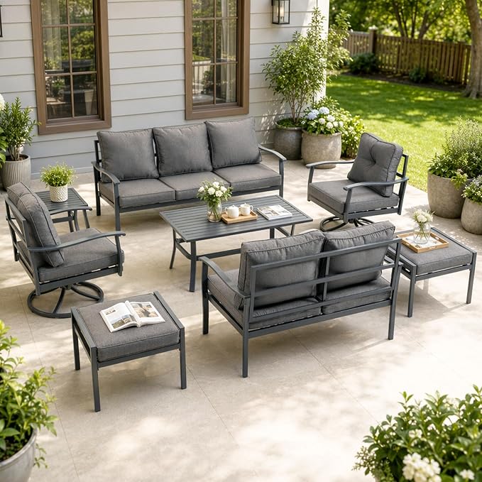 8-Piece Patio Furniture Set,3-Seat Sofa,Loveseat,2 Swivel Chairs,Table | Deep-Seat Comfort Cushions | All-Weather Metal Frame | Easy Assembly