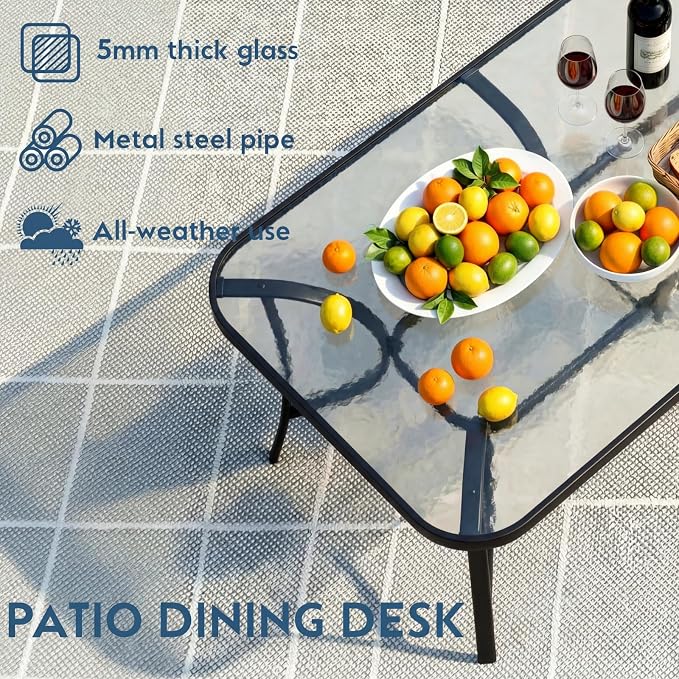 Arlopu 7-Piece Outdoor Table and Chairs for 6, Outdoor Dining Set W/Rectangle Glass Table and Patio Textilene Stackable Chairs, Patio Furniture Set W/Umbrella Hole (Black Table & Navy Blue Chair)