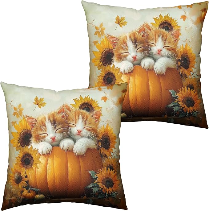 Fall Pillow Covers 22x22 Set of 2 Lovely Cat Pumpkin Sunflower Throw Pillow Covers Autumn Harvest Farmhouse Pillowcase Double Sided Printing Cushion Case for Patio Outdoor Sofa