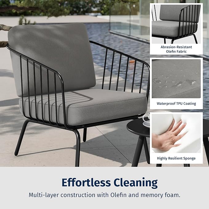 East Oak 3-Piece Plaza Patio Furniture Set, Outdoor Furniture with Thick Cushion Sofa and Coffee Table, Outdoor Bistro Set for 2, Modern Patio Conversation Set for Balcony, Black & Grey