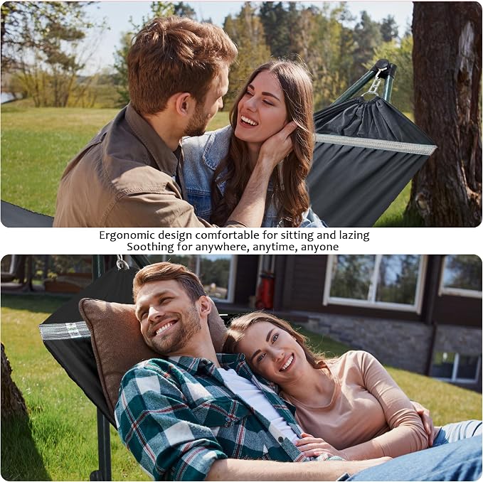 Tranquillo Ultimate Relaxation Portable Hammock Stand with Cotton Canvas Net, Spreader Bar, Quick Fold Unfold in 30 Seconds Steel Frame Hammock 600 lbs Capacity Outdoor, Black