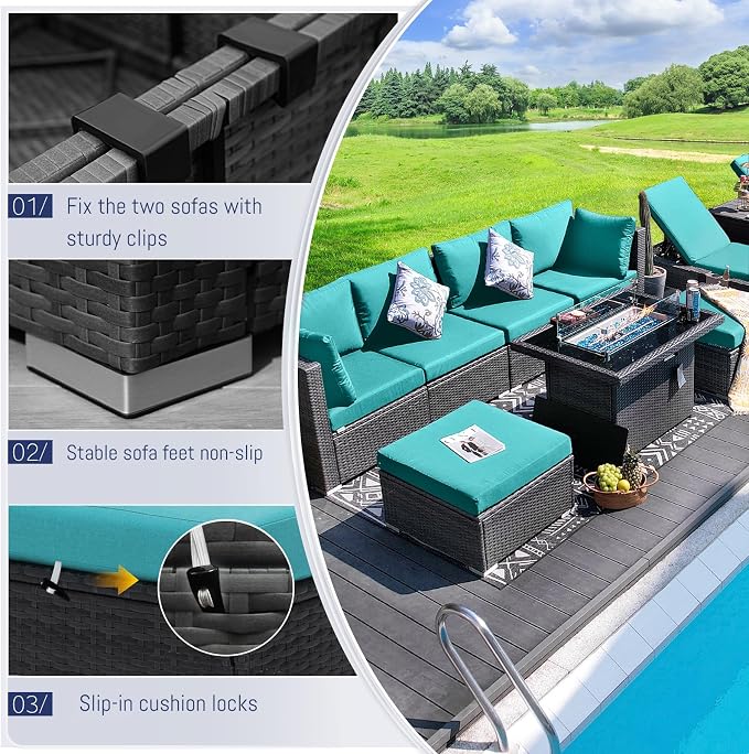 BULEXYARD 13 Piece High Back Outdoor Furniture Sets with Fire Pit, Luxury Patio Sectional Couch Sofa 12-Seater Modular, Comfortable Extra Large Wide Deep Backyard Seating Conversation Set, Grey & Teal