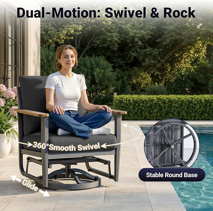 Aluminum Swivel Rocking Chairs, 3-Piece Outdoor Patio Furniture Set with Side Table, Rust-Proof Metal Gliders with Wood-Like Armrests & 5.1" Thick Cushions for Backyard, Porch, Black