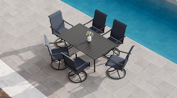 Patio 29" Heigh Rectangle Table and Navy Swivel Chairs Dining Set of 7 Sty2 | 63"x38" Metal Table, 29" Heigh Table Top,All Weather; 6 Piece Swivel Chairs: High Back,Retro Armrest,Textilene Fabric,Rocking