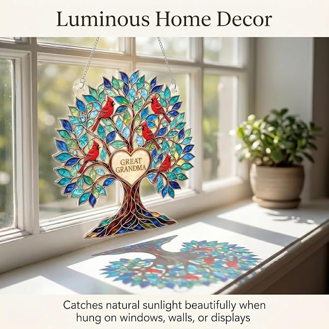 Grandma Gifts, Gifts for Grandma, Grandma Birthday Gifts, Tree of Love 4 inch Suncatcher for Great Grandma, Cardinal Bird Family Tree Window Hanging Decor with Keepsake Message Card