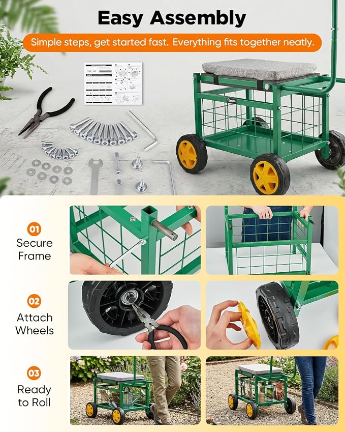Saker Rolling Work Seat with Wheels - 15.7'' EVA Padded Stool, 500 lb Steel Frame, Large Storage Basket - Patio Lawn Backyard Cart for Gardening Tasks (Basic Version)