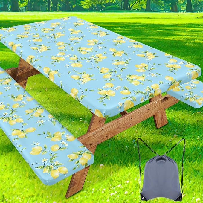 misaya Picnic Table Cover with Bench Cover, Waterproof Elastic Fitted Tablecloth for 6 Foot Tables, Rectangle Washable Polyester Fabric Tablecloths for Picnic, Camping, Outdoor (Lemon, 30" x 72")
