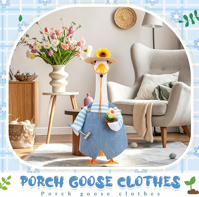 FuWeave Spring Summer Goose Outfit Overalls Gardener Porch Goose Clothes for 23" Large Statue Outdoor Patio Yard Lawn Art Decoration