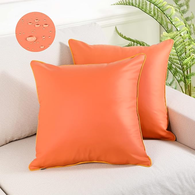 Pack of 2 Waterproof Silicone Leather Pillow Covers 16x16 Inches Fade-Resistant Durability Decorative Covers for Outdoor Garden Cushions Sunbrella Benches Patio Sofas Tents, Orange