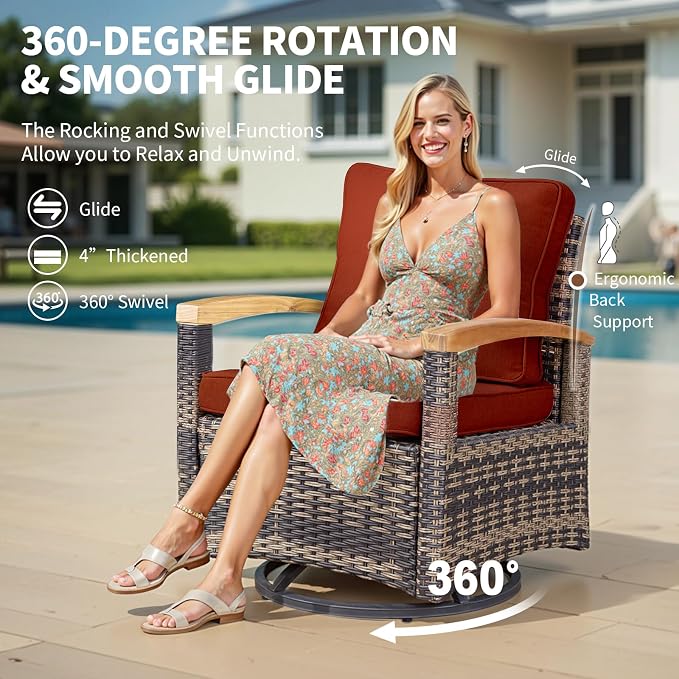 MEISSALIVVE 8 Pieces Outdoor Patio Furniture Sets, Wicker Patio Conversation Sets with 2 Wood Armrests Swivel Glide Chairs,2 Single Chairs, 3-seat Sofa (Red)