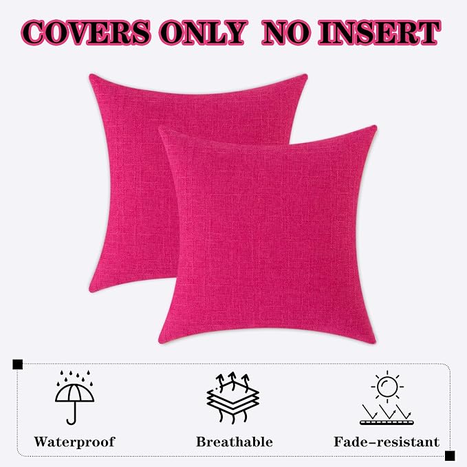Kevin Textile Outdoor Waterproof 20”x20” Pillow Covers 2 Pack, Hot Pink | Water Resistant, Soft Faux Linen-cotton Yarn-dyed Woven Texture Throw Pillow Covers for Tent Patio Garden Couch Sofa