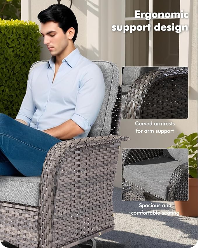 CAODOC 5 Pieces Patio Furniture Set,Outdoor Furniture with Rockers, Rattan Conversation Sets w/Coffee Table, Grey Wicker Light Dark Gray Cushion