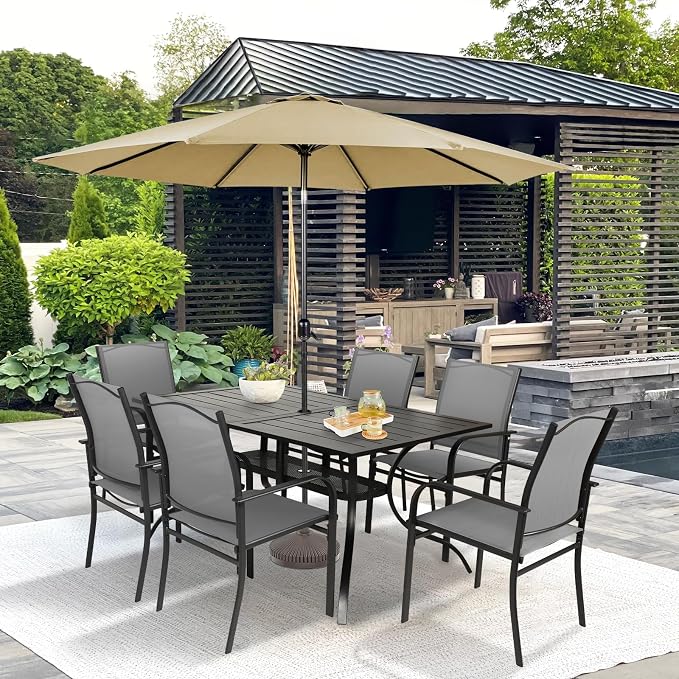 SUNCROWN 8 - Piece Outdoor Dining Set, Patio Furniture Set with 6 Textilene Dinning Chairs, 1 Rectangle Metal Table and 1 Brown 9Ft Patio Umbrella for Lawn Garden Backyard Deck, Grey