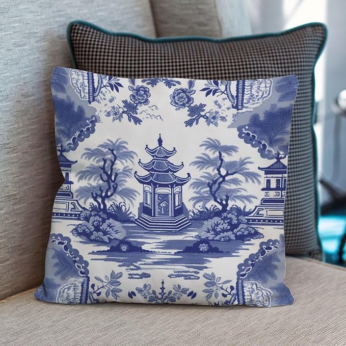 Chinoiserie Blue Asian Pagoda Cushion Cases Chinoiserie Chic Asian Throw Pillow Cover Classic Farmhouse Decor Pillow for Couch Sofa Patio 16x16 in