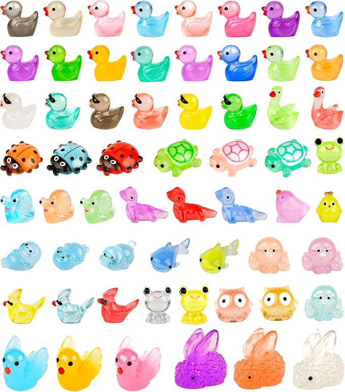 FEXIA 100PCS Glow in The Dark Mini Resin Animals 20 Cute Styles Tiny Figurines Colorful Ducks, Frogs, Turtles, Fishfor Fairy Garden, Dollhouse, Aquarium, DIY Crafts, Micro Landscape Party Decoration