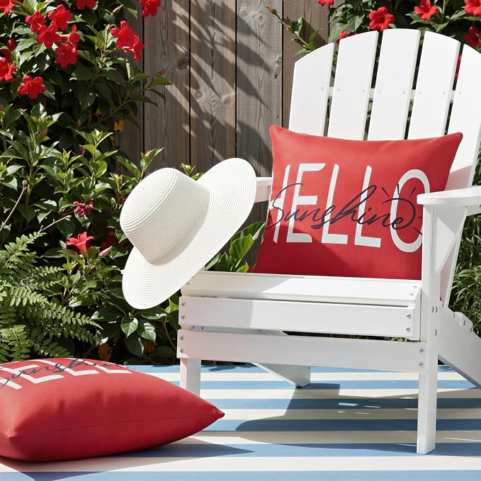 Lewondr Waterproof Outdoor Throw Pillow Cover, 18×18", Red | 2 Pack, Hello Sunshine Printing, Summer Garden Decor, For Patio Sofa, Balcony Couch, Bench Porch