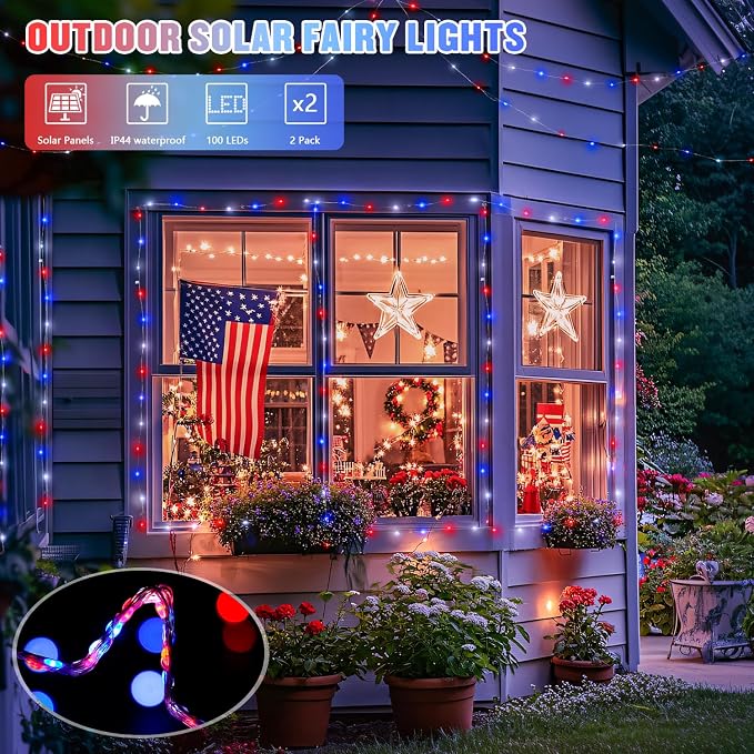 JMEXSUSS 2 Pack Solar Fairy Lights, Each 100 LED 33FT, Red White and Blue | Outdoor Waterproof, 4th of July Solar String Lights for Independence Day Outside Patio Yard Garden Decorations