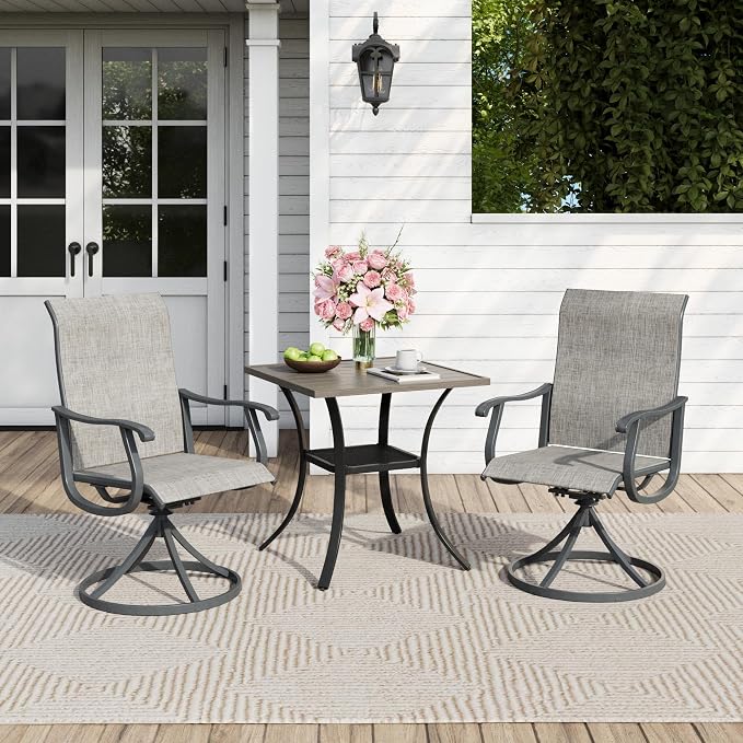 Outdoor Dining Set for 2, 28" Metal Square Outdoor Dining Table and Sling Patio Swivel Chairs, 3 Pieces Patio Table and Chairs Set for Garden Backyard, Grey