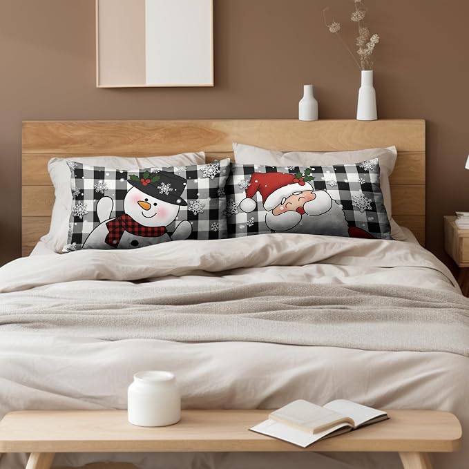 Christmas Santa Lumbar Pillow Covers 12x20 Set of 2 Snowman and Xmas Santa Rectangle Cushion Case Christmas Black Buffalo Plaid Waist Throw Pillowcases for Living Room Bedroom Sofa