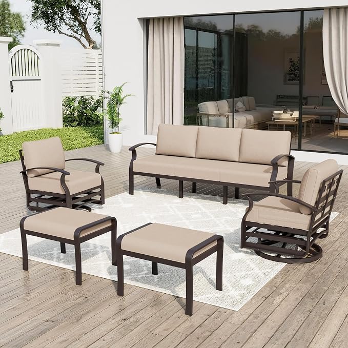 ALAULM Aluminum Patio Furniture Set with Swivel Chairs 7-seat Metal Outdoor Furniture Patio Sectional Sofas w/2 Ottomans for Porch, Backyard, Poolside-Sand