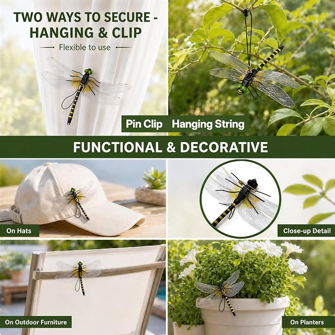 4PCS Dragon Fly Clips for Bugs Repellent - 3D Realistic Dragonfly Clips to Keep Bugs Away - Driving Away Mosquitoes, Bees & Flies - Fake Dragonflies for Indoor & Outdoor - Garden Decor, Patio, Hat