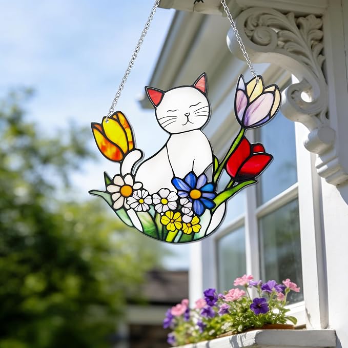 Cat Stained Glass Suncatcher Window, Hanging Sun Catchers Indoor Window, Suncatcher for Nana/Mom/Women (White Cat)