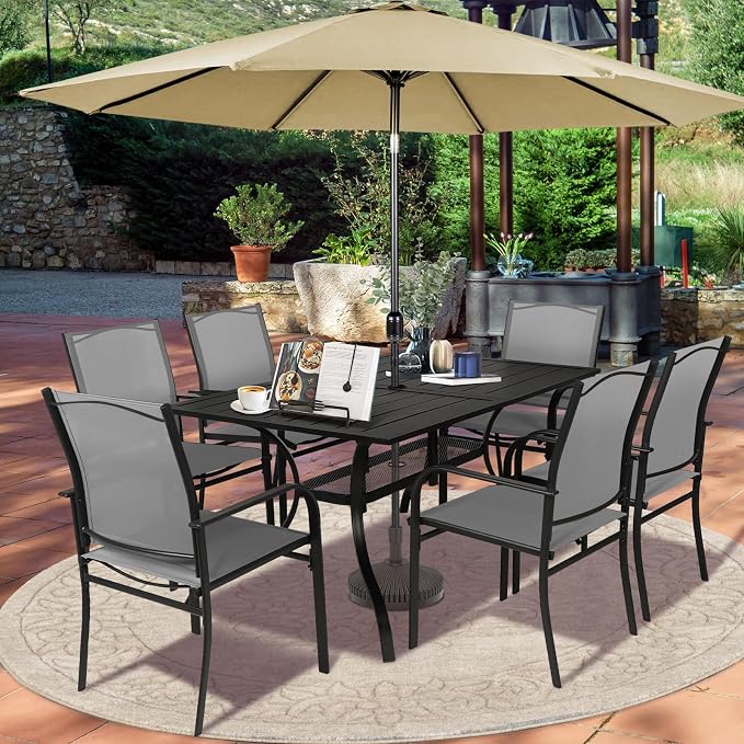 SUNCROWN 8 - Piece Outdoor Dining Set, Patio Furniture Set with 6 Textilene Dinning Chairs, 1 Rectangle Metal Table and 1 Brown 9Ft Patio Umbrella for Lawn Garden Backyard Deck, Grey