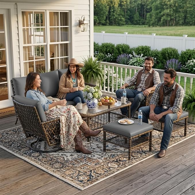 AECOJOY Patio Furniture Set Outdoor Sectional Sofa Couch and High Back Swivel Rocker Patio Chairs 6PCS Brown Wicker Conversation Set (Dark Grey, 6PCS- Whole Set)