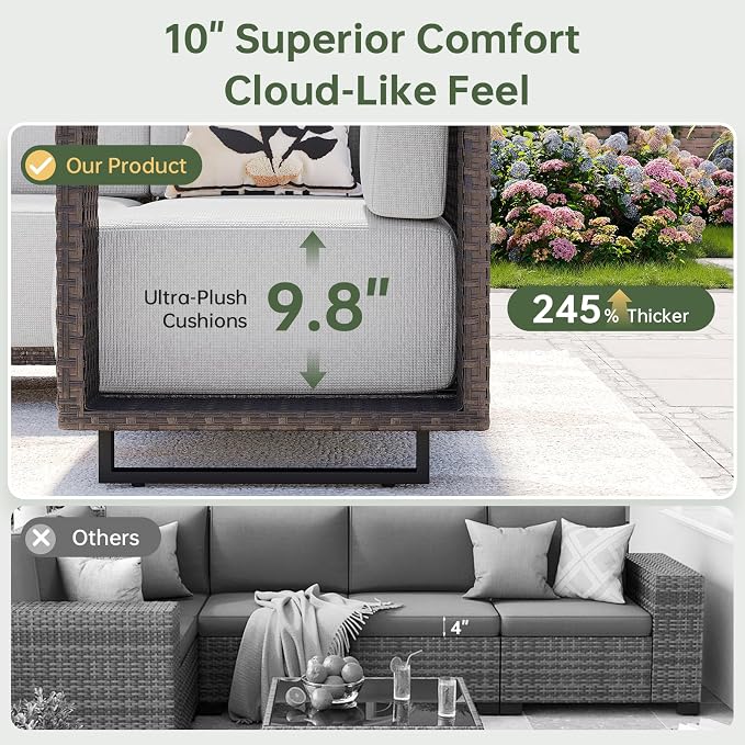 Aoxun Patio Furniture Set, 6 Piece Outdoor Wicker Sectional Sofa Set, All-Weather Rattan with 10'' Ultra-Thick Cushions, Outdoor Conversation Set for Backyard, Poolside and Garden, Brown/Light Gray
