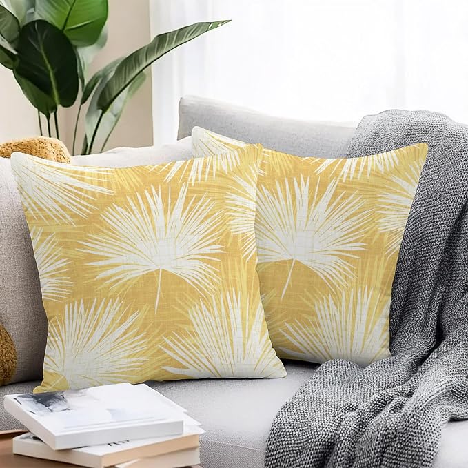 Throw Pillow Covers 24x24 Inch Set of 2, Yellow Palm Leaves Coastal Waterproof Outdoor Pillow Covers, Summer Tropical Botanical Boho Decorative Cushion Pillowcases for Couch, Sofa, Bed, Garden, Patio