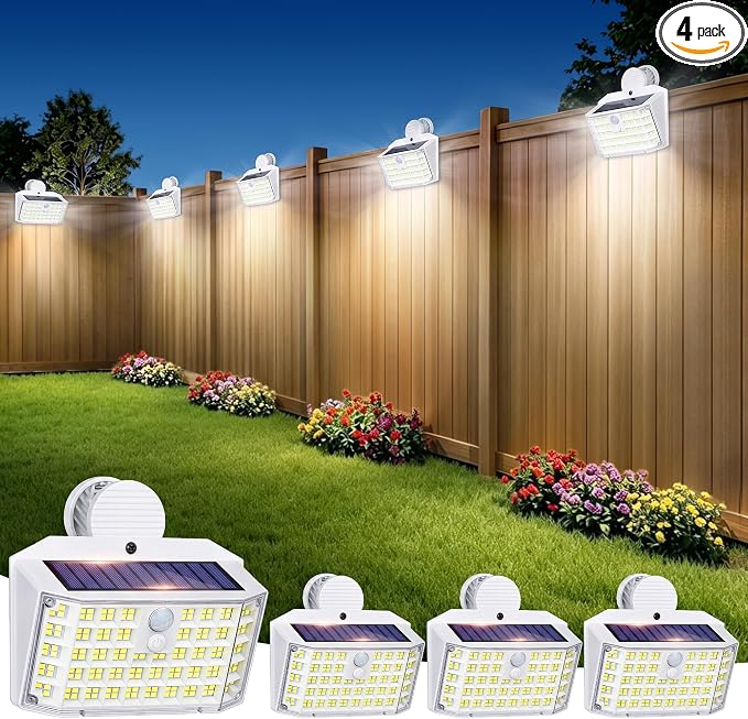 176LED Clip on Solar Lights Outdoor, 600LM Solar Motion Lights Outdoor with 180° Wide Angle, IP65 Waterproof Portable Solar Fence Lights Outdoor for Fence, Gutter, Garden, Camping, Patio White 4Pack