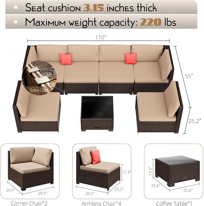 LHBcraft 7 Pieces Outdoor Furniture Set, Wicker Furniture Patio Conversation Sets with Tea Table and Thickened Beige Cushions, Outdoor Patio Sectional Sofa for Garden, Poolside, Backyard