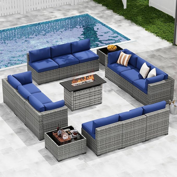 LazySunsets 15-Piece Patio Furniture Set with 44" Fire Pit Table, Wicker Outdoor Furniture, Patio Conversation Sets with Coffee Table, Outdoor Sectional Couch, Blue