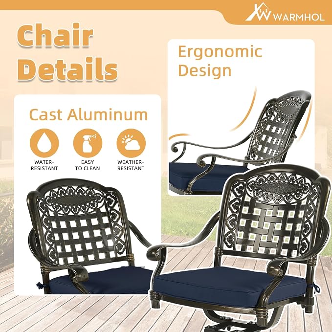 9-Piece Patio Furniture Dining Set, Cast Aluminum Outdoor Conversation Set- 61" Round Patio Dining Table with Detachable Lazy Susan & 8 Cushioned Swivel Rocker, Umbrella Hole, Navy Blue
