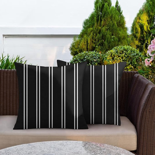 Outdoor Throw Pillow Covers, Stripes, Set of 2, 18 x 18 Inch | Black and White Pillowcase Square Cushion Case Farmhouse Garden Decorative Pillows for Couch Beach Patio