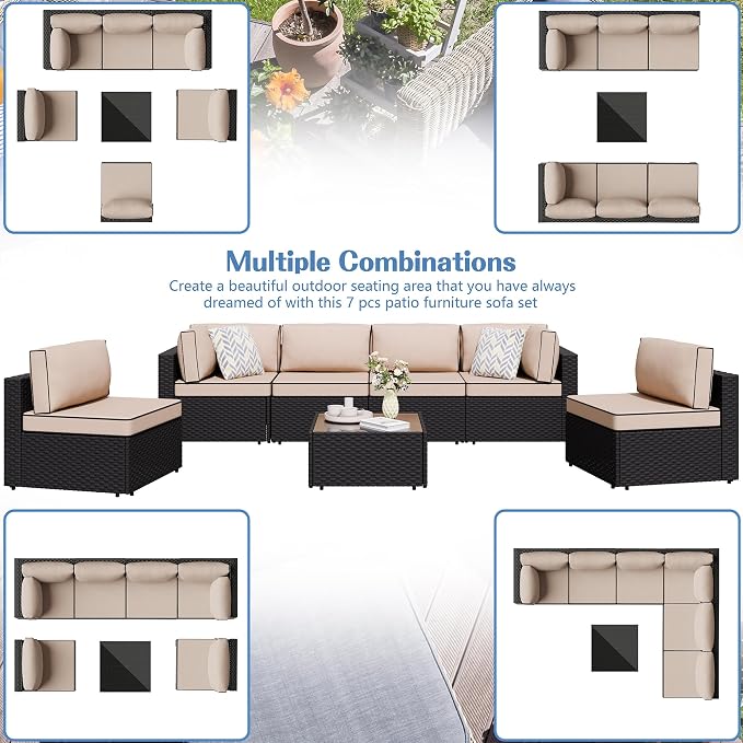 Shintenchi 7 Pieces Outdoor Patio Sectional Sofa Couch, Wicker Furniture Conversation Sets with Washable Cushions & Glass Coffee Table for Garden, Poolside, Backyard (Khaki)