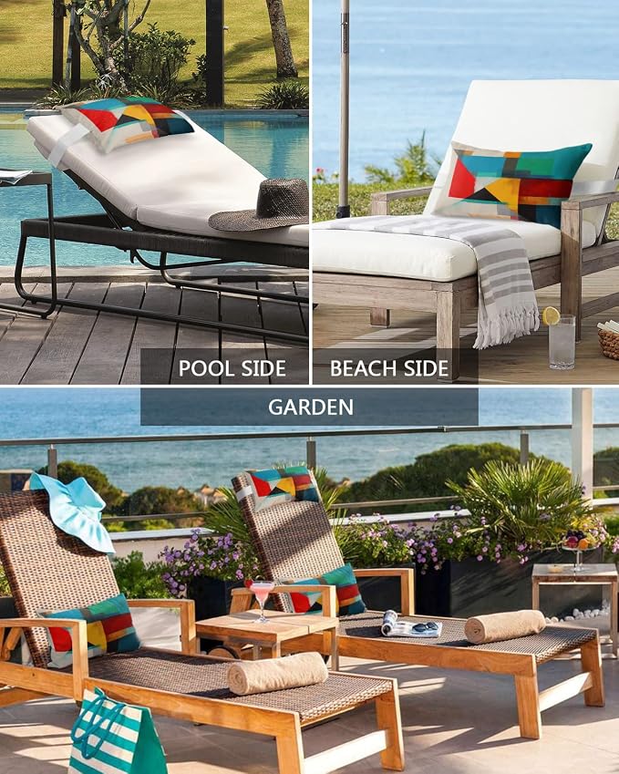 Outdoor Pillows Covers with Inserts Geometric Abstract Red Orange and Teal Color Block Waterproof Pillow with Adjustable Strap Throw Pillows for Patio Furniture Recliner Lounge Chair, 12x20 inch, 2PCS