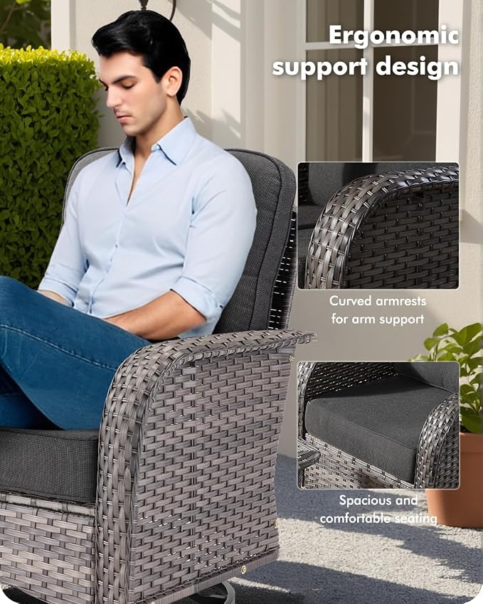 CAODOC 5 Pieces Patio Furniture Set,Outdoor Furniture with Rockers, Rattan Conversation Sets w/Coffee Table, Grey Wicker Black Cushion