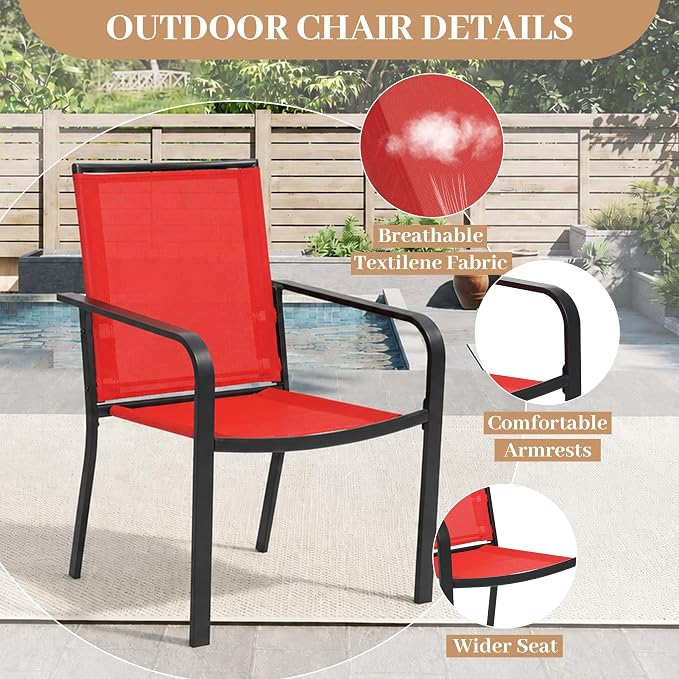 Anmutig 5 Piece Patio Dining Set, Outdoor Stackable Chairs and 35" Square Metal Patio Table with 1.57" Umbrella Hole for Garden Backyard Deck, Red