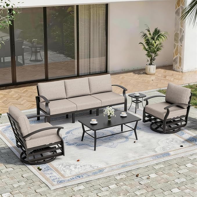 Kurapika Aluminum Patio Furniture Set 5-Seat Modern Outdoor Conversation Sets w/Swivel Rocking Chairs with Rectangular Coffee Table, Sand