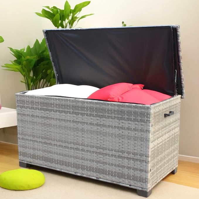 Storage Box, Wicker Patio Deck Boxes with Lid, Outdoor Cushion Storage for Pillows, Towel Grey Wicker,Deck Box and Patio Furniture Set for Garden, Pool, and Patio
